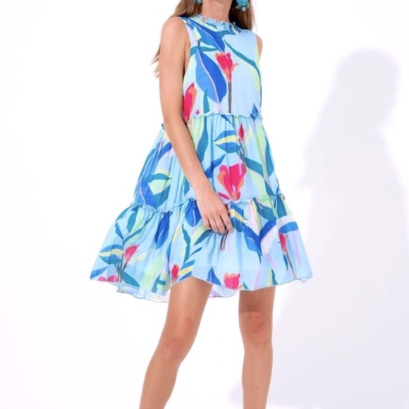 Oliphant Dresses & Skirts - Oliphant Tiered Ruffle Tropical Mini Dress